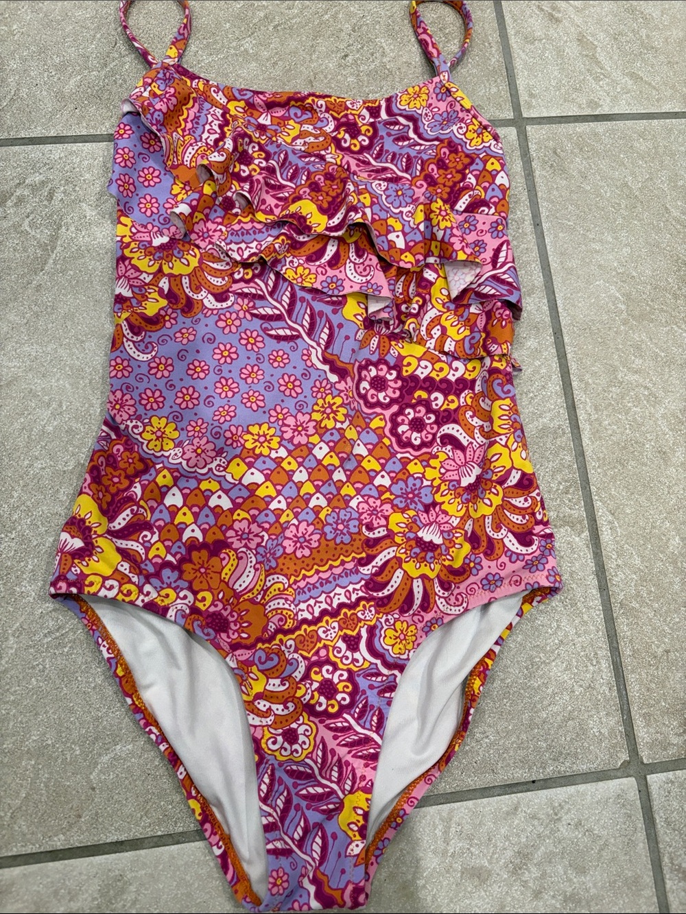 Garnet Hill Pink, Purple & Yellow Floral Ruffle One-Piece Swimsuit